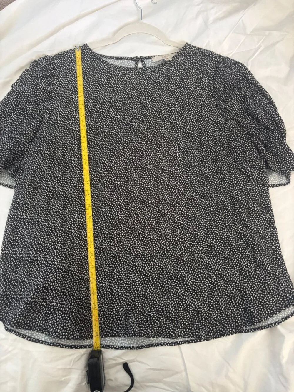 Loft Black & White Heart Print Ruched Puff Sleeve Blouse - Size L